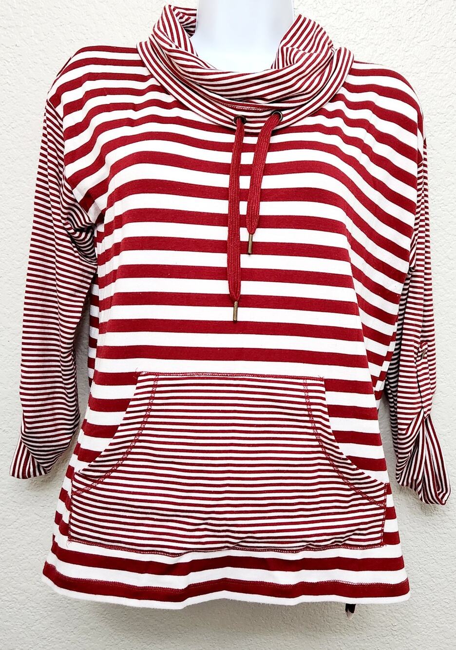 Ruby Rd. Red White Stripe Cowl Neck Long Roll Tab Sleeve Top PS Lightweight Soft